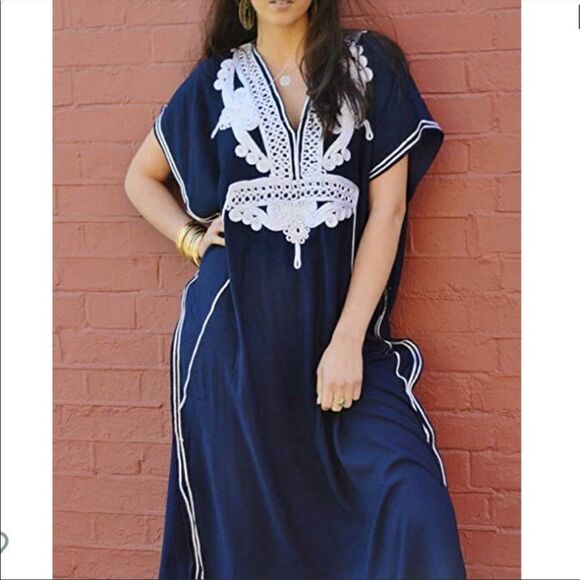 NEW Navy Embroidered Kaftan Cover Up Dress - Picture 1 of 7